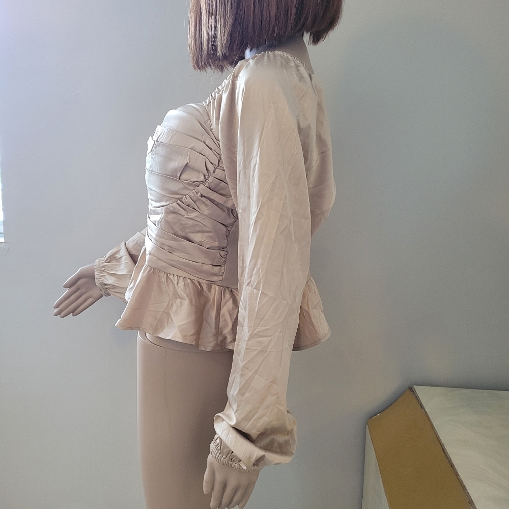 Champagne Pleated Long Sleeve Satin Peplum Top - Picture 7 of 8